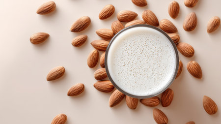 A top view of a glass filled with fresh almond milk surrounded by raw almonds on a soft beige background, perfect for healthy dieting and nutrition themes.の素材