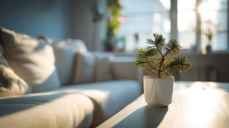 A charming green plant sits in a white pot on a wooden table, bathed in soft sunlight, creating a serene and inviting living room atmosphere.の素材