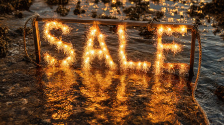 A dazzling SALE sign crafted from sparkling lights, beautifully reflected in serene water at sunset, creating a captivating visual for marketing purposes.の素材