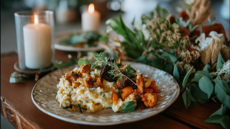 Celebrate the cozy essence of autumn with this inviting table setting showcasing a creamy dish paired with roasted vegetables, elegant herbs, and candlelight.の素材