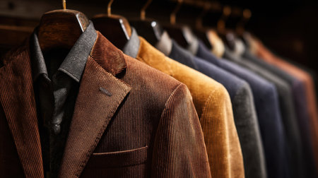 A sophisticated arrangement of tailored blazers showcases an array of rich colors and textures, presenting a stylish wardrobe essential for any occasion.の素材