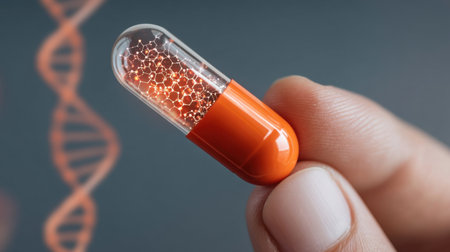 A close-up image of a person holding a transparent capsule that contains a molecular structure, symbolizing advancements in medicine and DNA research.の素材