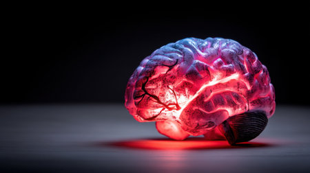 A detailed human brain model, glowing with vibrant red light, creates a striking visual against a dark background. Ideal for educational and creative uses.の素材