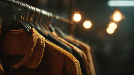 A collection of warm, textured clothing items hanging elegantly on hangers, illuminated by soft background lights, showcasing a trendy boutique atmosphere.の素材