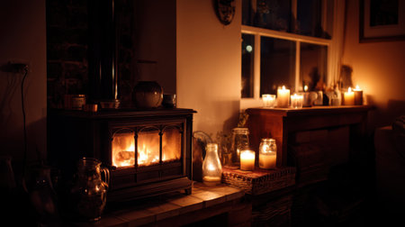A warm and inviting living room featuring a glowing fireplace and candles, creating a peaceful ambiance perfect for relaxation and comfort.の素材