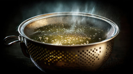 Close-up of a metallic colander filled with steaming liquid, capturing the essence of a cooking process in a kitchen setting.の素材
