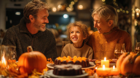 A heartwarming scene of a family enjoying an autumn dinner. The table is adorned with pumpkins, candles, and delicious desserts, creating a cozy atmosphere.の素材