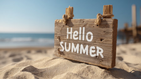 A charming wooden sign saying "Hello Summer" rests on golden sand, embodying the essence of beach holidays and sunny relaxation by the ocean.の素材