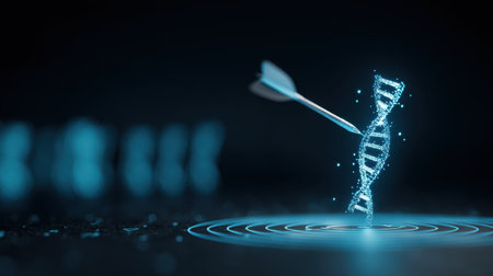 This image showcases a digital DNA double helix with an arrow hitting its target, symbolizing precision in genetic research and biotechnology innovation.の素材