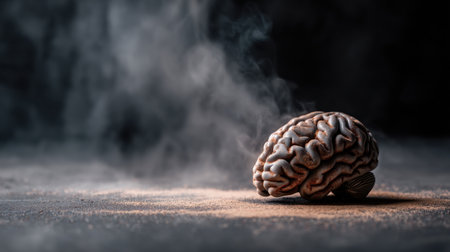 A captivating closeup of a human brain model placed on a dark surface, surrounded by swirling fog and dust. The image highlights intricate textures, symbolizing thought and creativity in a mystical setting.の素材