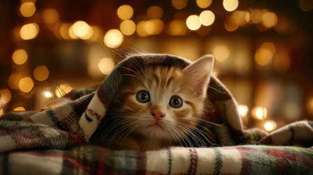 A charming ginger kitten peeks out from under a cozy blanket, surrounded by soft bokeh lights, creating a warm and inviting atmosphere perfect for festive themes.の素材