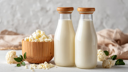This image showcases fresh organic milk in glass bottles alongside homemade cottage cheese in a wooden bowl, perfect for culinary inspiration and healthy recipes.の素材