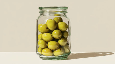 A vibrant glass jar filled with fresh green olives, casting a soft shadow on a beige background, perfect for culinary projects or healthy eating themes.の素材