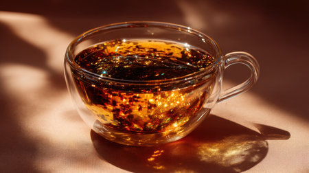 A stunning glass cup filled with rich brown herbal tea, showcasing beautiful light reflections on a soft surface for a calming moment.の素材