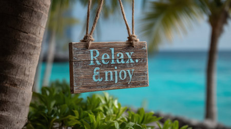A rustic wooden sign hangs from a palm tree, inviting viewers to relax and enjoy the serene coastal atmosphere. Perfect for vacation-themed projects.の素材