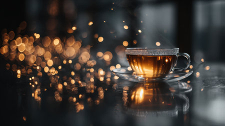 A warm cup of tea reflects in the light with a beautiful bokeh background, creating a cozy and inviting atmosphere for relaxation and enjoyment.の素材