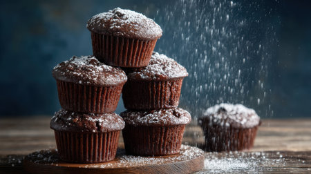 A captivating arrangement of chocolate cupcakes dusted with powdered sugar, presented on a wooden surface, showcasing culinary artistry and indulgence.の素材
