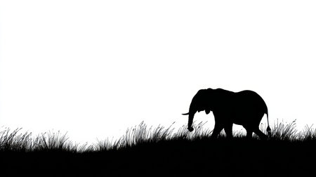Captivating silhouette of an elephant walking gracefully through tall grass, set against a striking white background, embodying serenity and elegance.の素材