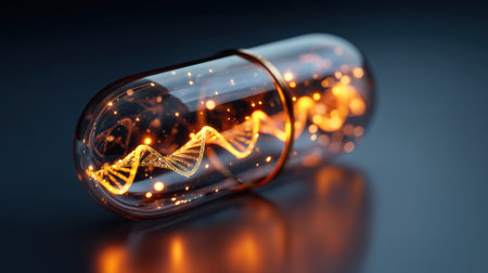 A captivating close-up view of a glowing capsule filled with vibrant particles and a wave pattern, symbolizing innovation in health and science.の素材