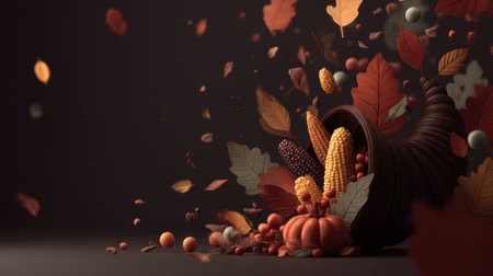 This vibrant autumn cornucopia displays a rich assortment of colorful leaves, fruits, and vegetables, symbolizing the beauty of the harvest season.の素材