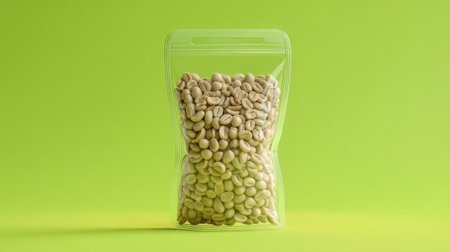 A clear plastic bag showcases raw green coffee beans against a bright green background, emphasizing their freshness and purity. Ideal for food-related projects.の素材