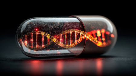 A visually striking capsule encapsulates a glowing DNA helix, blending concepts of science and technology against a dark backdrop, ideal for illustrating innovation.の素材