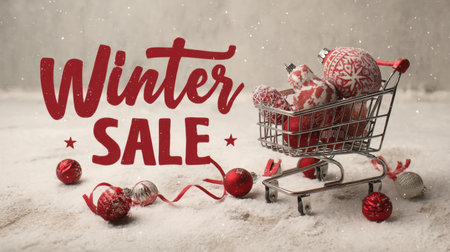 A vibrant shopping cart filled with decorative ornaments showcases a winter sale theme, perfect for holiday promotions and consumer events.の素材