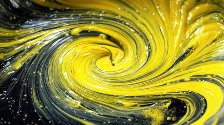 This mesmerizing image captures vibrant yellow paint swirling around a black background, creating a stunning abstract composition filled with motion, texture, and energy.の素材