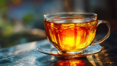 A beautifully lit glass cup of golden tea showcases warmth and comfort, perfect for creating a relaxing atmosphere in your space.の素材