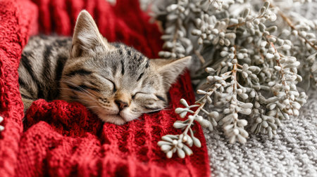 A charming tabby cat peacefully sleeps on a soft red blanket, accompanied by delicate greenery, creating a serene and cozy atmosphere.の素材