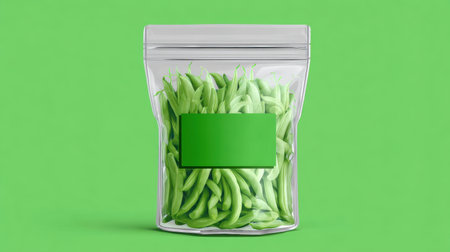 A clear vacuum-sealed bag filled with fresh green beans against a vibrant green background, perfect for healthy meal preparation and culinary use.の素材