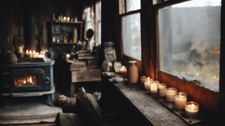 The image showcases a cozy rustic cabin interior filled with warm candlelight and a glowing fireplace, creating a tranquil atmosphere.の素材