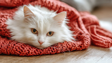 A beautiful white cat relaxes on a warm red knit blanket, showcasing its soft fur and captivating eyes, perfect for a cozy indoor atmosphere.の素材