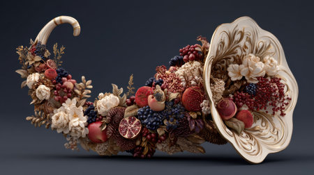 This artistic piece showcases an ornamental cornucopia filled with vibrant fruits and elegant flowers, perfect for celebrating abundance and beauty.の素材