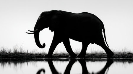 A stunning black and white photograph capturing the silhouette of a majestic elephant walking gracefully near tranquil waters. This artistic image emphasizes the beauty and serenity of wildlife in its natural habitat.の素材