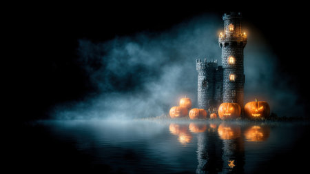 This captivating image features a haunted castle illuminated by glowing jack-o'-lanterns, shrouded in mystical fog reflecting on calm water under a spooky night sky.の素材