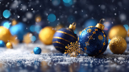 Discover a captivating scene featuring blue and gold Christmas ornaments resting on a snowy surface, enhanced by glittering bokeh lights.の素材