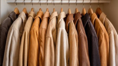 This image features a well-organized display of corduroy shirts, showcasing a harmonious blend of soft earthy tones. Perfect for fashion or interior design themes.の素材