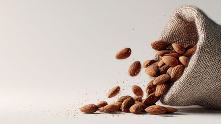 A captivating view of almonds spilling from a burlap sack on a neutral background, highlighting the natural texture and nutritional benefits of this healthy snack.の素材