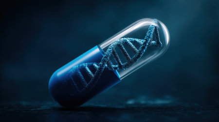 Capturing a glowing blue capsule that encases a spiral DNA helix, this image symbolizes the intersection of genetics and biotechnology in modern science.の素材