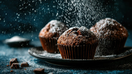 Soft and fluffy chocolate muffins dusted with powdered sugar create a decadent treat perfect for any occasion. Ideal for dessert lovers.の素材