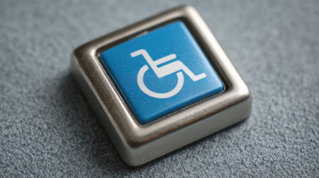 A close-up view of a blue accessibility button featuring a handicap symbol, designed to enhance usability for individuals with disabilities.の素材