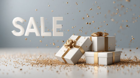 Elegant white gift boxes adorned with gold ribbons sit on a light surface, with a "SALE" message floating nearby, evoking festive joy.の素材