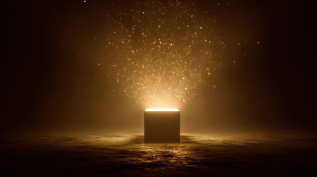 A captivating image of a mysterious glowing box surrounded by dark space, emitting glittering sparkles and light particles, evoking wonder and intrigue.の素材
