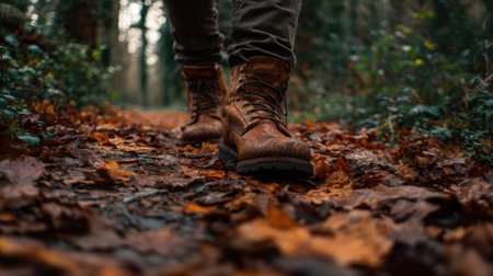 A person walks thoughtfully along a forest path, wearing brown boots and surrounded by vibrant autumn leaves, capturing the essence of nature.の素材