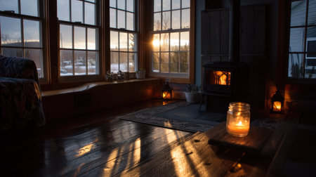 A warm and inviting living room scene featuring candlelight, a wood stove, and large windows showcasing a beautiful sunset.の素材