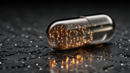 A transparent capsule rests on a circuit board, filled with glowing particles, symbolizing digital health innovation and futuristic design concepts.の素材