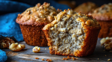 Savor the delightful taste of freshly baked banana nut muffins with walnuts on top. Perfect for breakfast or snack time, this treat invites warmth and flavor.の素材