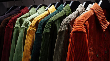 A vibrant array of corduroy jackets in various colors displayed on hangers, perfect for autumn and winter fashion enthusiasts looking for style.の素材