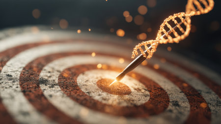 A stunning visual of a DNA helix striking the central bullseye, representing the precision and innovation in genetic research and scientific advancement.の素材